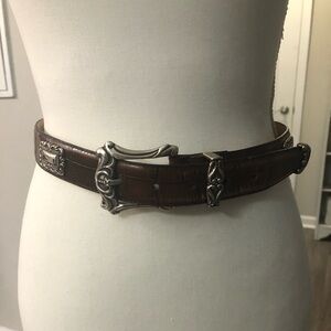 FOSSIL Belt Large Croc Print Brown Concho Leather Silvertone Western 90s Vintage